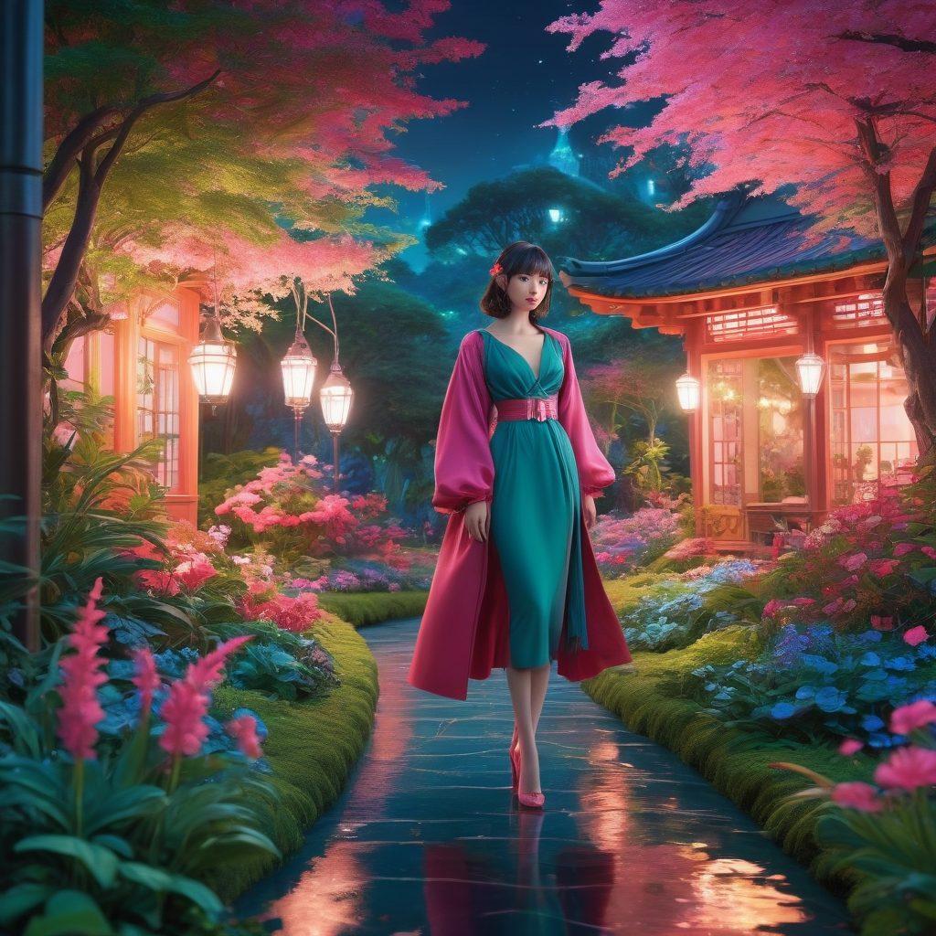 A captivating scene featuring a blend of sensual anime characters, set in a lush, vibrant landscape that exudes allure and creativity. Include elements of fantasy, such as glowing flora and surreal architecture, to enhance the atmosphere of exploration and enchantment. The characters should express a balance of boldness and elegance, highlighting their unique styles and features. Use rich, vivid colors to evoke a sense of passion and intrigue. 3D style. vibrant colors. fantasy theme.